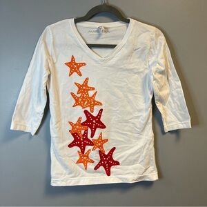 Marüshka Tee Starfish Handprinted 3/4 Sleeve V Neck in White Sz S EUC Red Orange